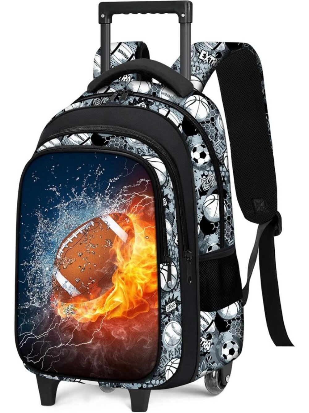 Boys Rolling Backpack with Wheels - Large Capacity Football Bookbag for Kids